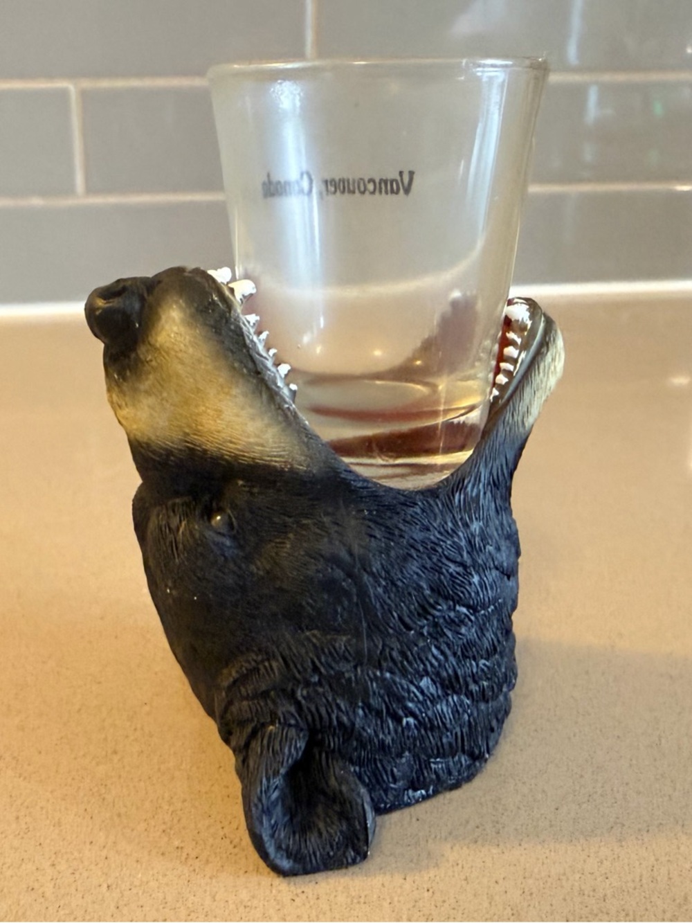 Novelty Black Bear Shot Glass Holder with Vancouver, Canada Glass - Picture 3 of 6
